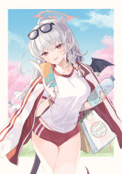 Rule 34 | 1girl, ahoge, bag, black wings, blue archive, blue sky, bottle, bow, braid, breasts, buruma, cherry blossoms, collarbone, commentary, cowboy shot, demon wings, eyewear on head, glasses, grass, grey hair, gym shirt, hair bow, halo, haruna (blue archive), haruna (track) (blue archive), head tilt, holding, holding bottle, holding paper, jacket, jacket on shoulders, long hair, medium breasts, midriff peek, official alternate costume, open mouth, outdoors, outside border, paper, pink halo, red buruma, red eyes, shirt, shopping bag, short sleeves, side braid, single wing, sky, smile, solo, tautiki, tinted eyewear, track jacket, tree, white background, white shirt, wing piercing, wings, wristband, yellow bow