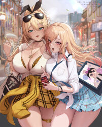 Rule 34 | 2girls, :d, absurdres, amesuku gyaru, animal print, artist name, bag, barbell piercing, bead bracelet, beads, black choker, blonde hair, blurry, blurry background, bra, bra peek, bracelet, breasts, cellphone, chinese commentary, choker, cleavage, clothes around waist, collarbone, colored tips, commentary request, copyright name, cowboy shot, crossover, ear piercing, earrings, fang, glint, goddess of victory: nikke, gold nails, green eyes, gyaru, hair between eyes, hair ornament, hairclip, hand on another&#039;s shoulder, highres, holding, holding phone, hoop earrings, hui z jie, jacket, jacket around waist, jewelry, kitagawa marin, kogal, large breasts, leopard print, long hair, looking at phone, multicolored hair, multiple bracelets, multiple girls, nail polish, necklace, open mouth, outdoors, phone, piercing, pink eyes, pink nails, plaid, plaid skirt, rupee (nikke), shirt, shopping bag, sidelocks, skirt, smartphone, smile, sono bisque doll wa koi wo suru, split ponytail, standing, sunglasses, teeth, thigh strap, underwear, unworn eyewear, white shirt, yellow jacket, yellow skirt