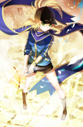 Rule 34 | 1girl, ahoge, artoria pendragon (fate), baseball cap, blonde hair, excalibur (fate/stay night), fate/grand order, fate (series), glowing, glowing weapon, green eyes, hat, highres, jacket, long hair, mysterious heroine x (fate), ponytail, rojiura satsuki : chapter heroine sanctuary, saber (fate), scarf, smile, solo, sword, track jacket, vmax-ver, weapon
