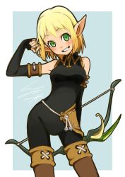 Rule 34 | 1girl, arm behind back, arm up, armpits, blonde hair, blush, bodysuit, boots, bow (weapon), breasts, cra (wakfu), elbow gloves, evangelyne (wakfu), fingerless gloves, freckles, gloves, green eyes, grin, groin, io naomichi, medium breasts, pointy ears, short hair, smile, solo, thigh boots, thighhighs, wakfu, weapon