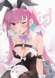 Rule 34 | 1girl, @ @, absurdres, ahoge, animal ears, aqua hair, arm strap, bare shoulders, black hairband, black leotard, bow, breasts, brown pantyhose, chest strap, cleavage, closed mouth, collarbone, colored inner hair, covered navel, detached collar, dyed ahoge, fake animal ears, gloves, groin, hair ornament, hairband, heart o-ring, highres, hololive, large breasts, leotard, long hair, looking at viewer, minato aqua, multicolored hair, neck ribbon, neko (minato aqua), o-ring strap, one eye closed, pantyhose, pink eyes, pink hair, playboy bunny, purple ribbon, rabbit ears, rabbit hair ornament, ribbon, sitting, smile, solo, strapless, strapless leotard, streaked hair, stuffed animal, stuffed rabbit, stuffed toy, thigh strap, thighband pantyhose, toki (1243309499), tongue, tongue out, two-tone hair, virtual youtuber, white background, white bow, white gloves, white leotard, white wrist cuffs, wrist cuffs