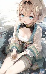 Rule 34 | 1girl, absurdres, blonde hair, breasts, chest sarashi, cleavage, crossed bangs, cupping hands, eso (toory), hair between eyes, haori, highres, hololive, japanese clothes, kazama iroha, leaf, long sleeves, looking at viewer, medium breasts, open mouth, own hands together, ponytail, sarashi, sitting, sitting on water, solo, virtual youtuber, water