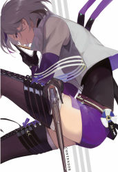 Rule 34 | 1girl, ammunition, bad id, bad pixiv id, belt, black gloves, black shirt, boots, breasts, bullet, character name, contender (girls&#039; frontline), cross-laced footwear, detached sleeves, girls&#039; frontline, gloves, grey hair, gun, handgun, holding, holding ammunition, holding bullet, holding gun, holding weapon, lace-up boots, light smile, looking at viewer, multicolored hair, pistol, purple eyes, purple hair, purple shorts, reroi, rifle-caliber handgun, rifle-caliber pistol, rifle cartridge, shirt, short hair, shorts, sidelocks, sleeveless, sleeveless shirt, solo, streaked hair, thigh boots, thighhighs, thompson/center contender, weapon