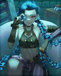 Rule 34 | 1girl, absurdres, arcane: league of legends, arcane jinx, arm tattoo, asymmetrical bangs, ball, bare shoulders, belt, blue hair, braid, breasts, brown belt, closed mouth, cloud tattoo, collarbone, dos (ehgns007kr), fingerless gloves, gloves, highres, holding, holding ball, jinx (league of legends), league of legends, long hair, looking at viewer, navel, one eye covered, pants, pink eyes, shirt, shoulder tattoo, sitting, smile, solo, striped clothes, striped pants, tattoo, tongue, tongue out, twin braids
