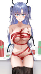 Rule 34 | 1girl, absurdres, black skirt, blue archive, blue eyes, blue hair, box, breasts, clothes pull, gift, gift box, hair between eyes, halo, highres, k 0art, large breasts, long hair, looking at viewer, naked ribbon, navel, parted lips, red ribbon, ribbon, shirt, simple background, skirt, skirt pull, solo, thighs, two side up, white background, white shirt, yuuka (blue archive)