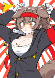 Rule 34 | 1girl, animal ears, black jacket, blush, blush stickers, breasts, brown eyes, bursting breasts, closed mouth, dog ears, dog tail, gloves, hands up, headband, highres, hololive, inugami korone, jacket, long sleeves, parted lips, ponytail, popped button, rising sun flag, sabaku chitai, solo, sunburst, sweatdrop, tail, virtual youtuber, white gloves, wide-eyed