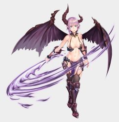 Rule 34 | 1girl, blue eyes, breasts, cleavage, curvy, demon girl, female focus, full body, highres, horns, large breasts, lilith-soft, navel, pointy ears, purple hair, rivalis (taimanin asagi battle arena), shiny skin, short hair, simple background, solo, standing, taimanin (series), taimanin asagi, taimanin asagi kessen arena, weapon, wings, yuuji (and)