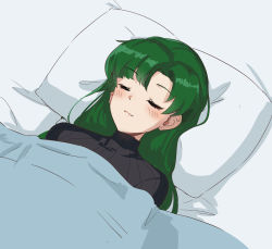 Rule 34 | 1girl, asymmetrical bangs, black sweater, blanket, blush, breasts, closed eyes, fire emblem, fire emblem: the blazing blade, green hair, highres, large breasts, long hair, lying, lyn (fire emblem), nintendo, on back, ormille, pillow, ponytail, ribbed sweater, sleeping, smile, sweater, turtleneck, turtleneck sweater
