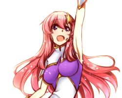 Rule 34 | 1girl, :d, arm up, armpits, breasts, breasts apart, floating hair, gundam, gundam seed, gundam seed destiny, hair between eyes, hair ornament, long hair, medium breasts, meer campbell, microphone, morihaw, open mouth, pink hair, simple background, smile, solo, standing, star (symbol), star hair ornament, upper body, very long hair, white background