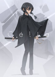 Rule 34 | 1girl, absurdres, black footwear, black hair, black jacket, black pants, brown eyes, closed mouth, commentary, dreadtie, english text, full body, grey background, hair between eyes, highres, holding, holding sheath, holding sword, holding weapon, jacket, katana, long hair, looking at viewer, original, pants, qr code, sheath, sheathed, shoes, smile, solo, standing, sword, watermark, weapon