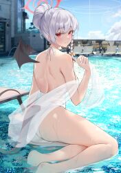 Rule 34 | 1girl, blue archive, haruna (blue archive), looking at viewer, medium hair, outdoors, red eyes, sion (im10042m), smile, solo, white hair, wings