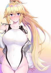 Rule 34 | 1girl, bare shoulders, blush, breasts, closed mouth, competition swimsuit, eyewear hang, unworn eyewear, fate/grand order, fate (series), gradient background, hair between eyes, highres, jacket, jeanne d&#039;arc (fate), jeanne d&#039;arc (ruler) (fate), jeanne d&#039;arc (swimsuit archer) (fate), jeanne d&#039;arc (swimsuit archer) (second ascension) (fate), large breasts, long hair, looking at viewer, ninoude (ninoude44), one-piece swimsuit, open clothes, open jacket, ponytail, smile, solo, swimsuit, very long hair, white jacket, white one-piece swimsuit