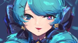 Rule 34 | 1girl, black bow, blue eyes, bow, drill hair, green eyes, green hair, gwen (league of legends), hair bow, hair ornament, highres, league of legends, looking at viewer, monakan japan, portrait, red lips, smile, solo, twin drills, twintails, unfinished, x hair ornament