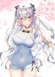 Rule 34 | 1girl, arm up, bag, black choker, blue dress, blush, breasts, cherry blossoms, choker, closed mouth, commentary request, covered navel, crossed bangs, dress, gluteal fold, hair between eyes, hair ribbon, handbag, highres, holding, holding bag, jacket, kamiya maneki, large breasts, long hair, looking at viewer, original, purple eyes, ribbon, silver hair, smile, solo, taut clothes, taut dress, twitter username, very long hair, white jacket