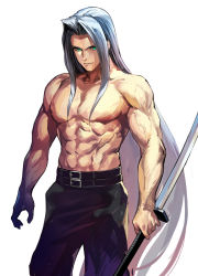 Rule 34 | 1boy, abs, bad id, bad pixiv id, belt, closed mouth, collarbone, colored skin, final fantasy, final fantasy vii, green eyes, grey hair, holding, holding sword, holding weapon, ikuchan kaoru, long hair, male focus, masamune (ff7), multicolored skin, muscular, navel, open hand, reverse grip, sephiroth, simple background, smile, solo, sword, topless male, veins, very long hair, weapon, white background