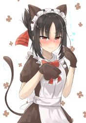 Rule 34 | 1girl, alternate costume, animal ear hairband, animal ears, animal hands, apron, back bow, black hair, blush, bow, bowtie, breasts, brown shirt, cat ear hairband, cat ears, cat tail, closed mouth, collared shirt, cowboy shot, daysoon1124, embarrassed, enmaided, fake animal ears, gloves, hair ribbon, hairband, kaguya-sama wa kokurasetai ~tensai-tachi no renai zunousen~, looking at viewer, maid, maid headdress, nose blush, parted bangs, paw gloves, red eyes, red ribbon, ribbon, shinomiya kaguya, shirt, short hair, sidelocks, small breasts, solo, tail, white apron, white background