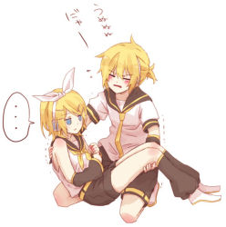 Rule 34 | ..., 1boy, 1girl, black sailor collar, black shorts, black sleeves, blonde hair, blue eyes, bow, carrying, closed eyes, commentary, detached sleeves, expectations/reality, failure, fumiharu, hair bow, hair ornament, hairclip, headphones, kagamine len, kagamine rin, kneeling, leg warmers, lifting person, neckerchief, necktie, princess carry, sailor collar, school uniform, shirt, short hair, short ponytail, short shorts, shorts, sleeveless, sleeveless shirt, speech bubble, spoken ellipsis, struggling, swept bangs, translated, trembling, v-shaped eyebrows, vocaloid, white background, white bow, white shirt, yellow neckerchief, yellow necktie