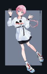 Rule 34 | 1girl, absurdres, bad id, bad twitter id, black border, black dress, blue eyes, blush, border, bra strap, character print, closed mouth, clothes writing, disney, dress, gishiki (gshk), grey background, hands up, heterochromia, highres, long hair, long sleeves, looking at viewer, mickey mouse, original, pink hair, ponytail, shoes, short dress, simple background, socks, solo, white dress, white socks