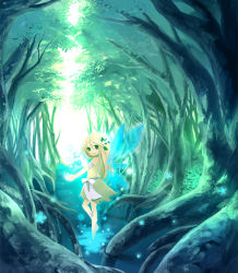 Rule 34 | 1girl, bad id, bad pixiv id, barefoot, blonde hair, child, dress, fairy, forest, long hair, nature, outdoors, roots, shiramori yuse, solo, tree, water, wings