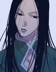 Rule 34 | 1boy, black eyes, black hair, expressionless, hair in own mouth, hunter x hunter, illumi zoldyck, long hair, looking at viewer, male focus, official alternate costume, pittan (piitapitapita), simple background, solo