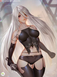 Rule 34 | 1girl, android, bare shoulders, black gloves, black shorts, blue eyes, breasts, commentary, cowboy shot, crop top, didi esmeralda, elbow gloves, english commentary, gloves, hair between eyes, highres, holding, holding sword, holding weapon, joints, long hair, medium breasts, mole, mole under mouth, navel, nier (series), nier:automata, robot joints, shorts, silver hair, solo, sword, thigh gap, very long hair, weapon, a2 (nier:automata)