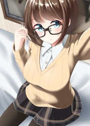 Rule 34 | 1girl, bed sheet, black-framed eyewear, black pantyhose, black skirt, blue eyes, blush, breasts, brown hair, cardigan, closed mouth, collared shirt, commentary request, dress shirt, glasses, hand up, head tilt, long sleeves, looking at viewer, medium breasts, nekobaka, original, outstretched arm, pantyhose, pleated skirt, reaching, reaching towards viewer, selfie, shirt, short hair, sitting, skirt, solo, white shirt