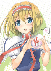 Rule 34 | 1girl, alice margatroid, arms up, bad id, bad pixiv id, blonde hair, blue dress, blue eyes, blush, box, capelet, dress, female focus, gift, gift box, hairband, heart, heart hands, monochrome-arc, open mouth, short hair, smile, solo, touhou, upper body