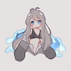 Rule 34 | 1girl, antenna hair, bikini, black bikini, blue eyes, blush, colored inner hair, grey background, grey hair, grey hoodie, highres, hood, hoodie, indie virtual youtuber, jacket, jacket partially removed, long hair, looking at viewer, midriff, multicolored hair, navel, off shoulder, orca girl, oversized clothes, puffy sleeves, shachi (artist), shachi (vtuber), swept bangs, swimsuit, unzipped, very long hair, virtual youtuber, water, waves, whale girl