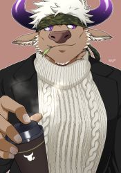 Rule 34 | 1boy, alternate costume, animal ears, bara, black jacket, camouflage, coffee, cow boy, cow ears, cow horns, cup, disposable cup, formal, furry, furry male, headband, highres, horns, jacket, large pectorals, male focus, muscular, pectorals, purple eyes, purple horns, shennong (housamo), short hair, sideburns, solo, sweater, tokyo houkago summoners, upper body, white hair, yanai inaya