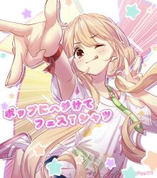 Rule 34 | 1girl, absurdres, blonde hair, blue shorts, brown eyes, double w, emphasis lines, flat chest, futaba anzu, ggi315, hair between eyes, hands up, highres, idolmaster, idolmaster cinderella girls, leg up, light blush, long hair, looking at viewer, low twintails, multicolored background, pink footwear, print shirt, red wristband, shirt, shorts, smile, solo, star (symbol), tongue, tongue out, twintails, twitter username, w, white shirt