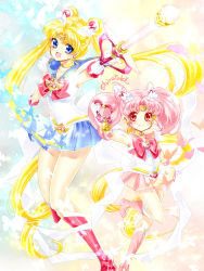 Rule 34 | 2girls, :d, bishoujo senshi sailor moon, bishoujo senshi sailor moon supers, blonde hair, blue eyes, blue sailor collar, blue skirt, boots, bow, brooch, bug, butterfly, chibi usa, choker, circlet, closed mouth, cone hair bun, crystal carillon, double bun, elbow gloves, full body, gloves, hair bun, hair ornament, hairpin, heart, heart brooch, holding, holding wand, insect, jewelry, kaleidomoon scope, long hair, looking at viewer, magical girl, multiple girls, open mouth, pink footwear, pink hair, pink sailor collar, pink skirt, red bow, red eyes, red footwear, sailor chibi moon, sailor collar, sailor moon, shirataki kaiseki, short hair, signature, skirt, smile, super sailor chibi moon, super sailor moon, tsukino usagi, twintails, wand, white gloves, yellow choker