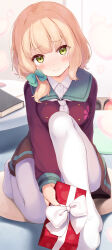 Rule 34 | 1girl, :3, aqua sailor collar, blonde hair, blush, book, bow, box, breasts, collared shirt, commentary, dot nose, full body, furrowed brow, gift, gift box, green bow, green eyes, hair bow, head tilt, highres, holding, holding gift, incoming gift, indoors, komone ushio, long sleeves, looking at viewer, medium breasts, misaki (komone ushio), necktie, on one knee, original, pantyhose, pleated skirt, red shirt, red skirt, sailor collar, school uniform, shirt, short hair, skirt, solo, sweatdrop, valentine, white necktie, white pantyhose, white shirt