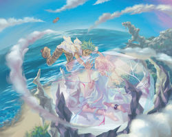 Rule 34 | 1boy, 1girl, against glass, anklet, ass, barefoot, beach, blonde hair, blue sky, braid, brown pants, cliff, cloud, crystal, day, dress, encasement, floating, green hair, jewelry, kneeling, long hair, looking at another, ocean, original, outdoors, pants, pink hair, shirt, shoe dangle, shoes, unworn shoes, short dress, short sleeves, single shoe, sky, sleeping-pig, trapped, twin braids, water, white dress, white shirt, wind