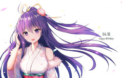 Rule 34 | 1girl, bare shoulders, breasts, commentary request, date a live, dated, detached sleeves, dress, ensiro, floating hair, floral print, flower, fur trim, hair flower, hair ornament, hand in own hair, happy birthday, highres, large breasts, long hair, looking at viewer, open mouth, purple eyes, purple hair, simple background, solo, very long hair, white background, yatogami tooka