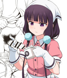 Rule 34 | 1boy, 1girl, bar censor, blend s, blouse, blunt bangs, brown hair, censored, closed mouth, clothed female nude male, clothes lift, clothes pull, collared shirt, cum, cum in container, cum in cup, cup, ejaculation, erection, gloved handjob, gloves, handjob, hetero, holding, holding cup, long hair, looking at another, low twintails, male pubic hair, mug, nude, partially colored, penis, pink shirt, pubic hair, purple eyes, sakuranomiya maika, shirt, shirt lift, stile uniform, testicles, twintails, very long hair, waitress, white gloves, youkan