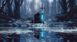 Rule 34 | 1other, absurdres, ambiguous gender, armor, arrow (projectile), dragon, forest, frozen lake, full armor, glowing, glowing eyes, glowing sword, glowing weapon, helm, helmet, highres, holding, holding sword, holding weapon, kalmahul, nature, original, outdoors, planted, planted sword, planted weapon, small dragon, snow, sword, tree, water, weapon, wings