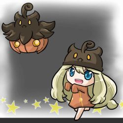 Rule 34 | 10s, 1girl, animated, animated gif, blonde hair, blue eyes, chasing, cosplay, creatures (company), fangs, game freak, gen 6 pokemon, halloween, hat, long hair, long sleeves, lowres, nintendo, open mouth, pokemon, pokemon xy, pumpkaboo, pumpkaboo (cosplay), pumpkin, running, serena (pokemon), sleeves past wrists, smile, solo, star (symbol), yellow eyes