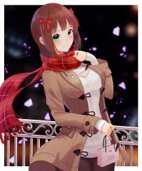 Rule 34 | absurdres, alternate costume, amami haruka, arm up, blunt bangs, blurry, blush, breasts, brown hair, cleavage, cleavage cutout, clothing cutout, coat, cowboy shot, depth of field, duffel coat, gift, glint, green eyes, hair ornament, hair ribbon, hand on own face, highres, holding, holding gift, idolmaster, idolmaster (classic), idolmaster million live!, idolmaster million live! theater days, jayamon, light smile, long sleeves, looking at viewer, medium breasts, meme attire, night, open-chest sweater, outside border, plaid, plaid scarf, railing, red scarf, ribbon, scarf, sleeves past wrists, solo, striped clothes, striped sweater, sweater, white sweater