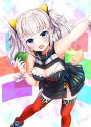 Rule 34 | 1girl, :d, absurdres, bare shoulders, black dress, black footwear, blue eyes, blush, boots, breasts, broccoli, cleavage, cleavage cutout, clothing cutout, commentary request, dress, fang, food, hair ornament, hairclip, highres, kaguya luna, large breasts, leaning forward, long hair, looking at viewer, obi, omoomomo, open mouth, red thighhighs, sash, shrimp, shrimp tempura, sidelocks, silver hair, sleeveless, sleeveless dress, smile, solo, tempura, the moon studio, thighhighs, translation request, twintails, virtual youtuber