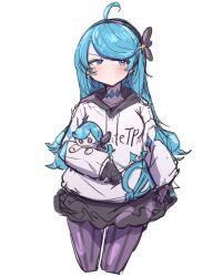 Rule 34 | 1girl, absurdres, alternate costume, black gloves, black hairband, blush, cropped legs, doll, earrings, gloves, green eyes, green hair, grey hoodie, gwen (league of legends), hairband, highres, holding, holding doll, hood, hood down, hoodie, jewelry, league of legends, long hair, long sleeves, monakan japan, pantyhose, pink pantyhose, sideways glance, simple background, solo, striped clothes, striped pantyhose, white background