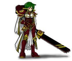 Rule 34 | 1girl, adepta sororitas, alternate costume, armor, bloodycat, book, chainsword, crossover, green hair, hand on own hip, kazami yuuka, parody, power armor, red eyes, simple background, sisters of battle, skull, solo, touhou, warhammer 40k, weapon, white background, wings