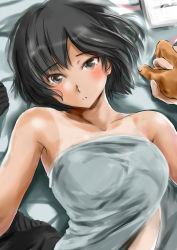 Rule 34 | amagami, bed sheet, black hair, blush, bob cut, covering privates, from above, holding hands, looking at viewer, lying, murasaki iro, nanasaki ai, nude cover, on back, on bed, parted lips, pov, short hair, solo focus, tan, tanline