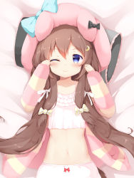 Rule 34 | 1girl, absurdres, animal ear headwear, animal ears, arms up, azur lane, bed, bloomers, blue eyes, blush, bow, bow bloomers, brown hair, camisole, cardigan, chinese commentary, clenched hands, crescent, crescent hair ornament, dakimakura (medium), dog ears, fake animal ears, fumizuki (azur lane), fumizuki (sleepy fairy) (azur lane), hair bow, hair ornament, hairclip, hat, hat bow, highres, kanon (sinto), long hair, lying, navel, on back, one eye closed, pillow, pink hat, ribbon, rubbing eyes, sleepwear, sleepy, solo, striped cardigan, underwear, upper body, very long hair, white bloomers, white camisole