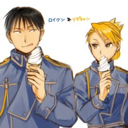 Rule 34 | 1boy, 1girl, amestris military uniform, black hair, blonde hair, covered mouth, earrings, folded ponytail, food, fullmetal alchemist, hand up, holding, holding food, ice cream, ice cream cone, jewelry, licking lips, long sleeves, looking at another, ozaki (tsukiko3), riza hawkeye, roy mustang, short hair, side-by-side, sideways glance, simple background, soft serve, stud earrings, tongue, tongue out, updo, upper body, white background