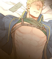 Rule 34 | 1boy, abs, alternate costume, banknote, bara, blonde hair, blush, chest belt, collared jacket, frown, green shirt, jacket, kyosuke, large pectorals, looking at viewer, lying, male focus, male prostitution, military, military uniform, money, muscular, muscular male, navel, nipples, on back, on bed, out-of-frame censoring, outstretched arms, pectorals, reiner braun, shingeki no kyojin, shirt, short hair, solo, spread arms, stomach, underpec, uniform, upper body