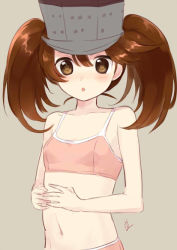Rule 34 | 10s, 1girl, bare shoulders, blush, bra, breasts, brown eyes, brown hair, kantai collection, long hair, looking at viewer, mirakururu, navel, open mouth, ryuujou (kancolle), small breasts, solo, training bra, twintails, underwear, upper body, visor cap