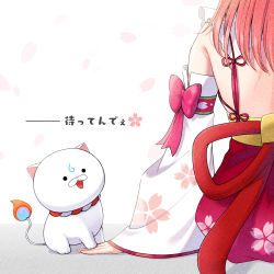 Rule 34 | 1girl, 35p (sakura miko), absurdres, cherry blossom print, cherry blossoms, commentary request, detached sleeves, floral print, highres, hololive, looking at another, nontraditional miko, obi, out of frame, petals, pink hair, sakura miko, sakura miko (1st costume), sash, simple background, sitting, tomozu, translation request, virtual youtuber, white background