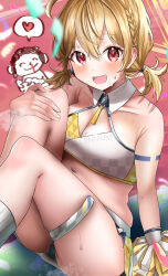 Rule 34 | 1girl, 1other, absurdres, ahoge, doodle sensei (blue archive), blonde hair, blue archive, blurry, blush, breasts, cleavage, collarbone, confetti, depth of field, hand on own knee, heart, highres, holding, holding pom poms, knees up, kotori (blue archive), kotori (cheer squad) (blue archive), looking at viewer, medium breasts, millennium cheerleader outfit (blue archive), navel, official alternate costume, po musubi, pom pom (cheerleading), pom poms, red eyes, sensei (blue archive), short twintails, sitting, spoken heart, sweat, twintails