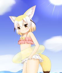 Rule 34 | 10s, 1girl, adapted costume, animal ear fluff, animal ears, bare arms, bare shoulders, bikini, blonde hair, blue sky, blush, bow, brown eyes, cloud, cowboy shot, day, extra ears, fennec (kemono friends), fox ears, fox girl, fox tail, highres, holding, holding swim ring, innertube, kemono friends, looking at viewer, multicolored hair, navel, ocean, outdoors, pink bikini, shin01571, sky, smile, solo, standing, sun, sunlight, swim ring, swimsuit, tail, transparent, two-tone hair, white bikini, white hair, yellow bow, yellow innertube
