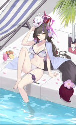 1girl animal_ears bikini blue_archive blue_flower blush closed_mouth cooler drink flower food fox_ears fox_girl fox_mask fox_tail fruit hair_flower hair_ornament hair_ribbon haori highres holding holding_mask in_water japanese_clothes looking_at_viewer mask official_alternate_costume orange_(fruit) pink_flower pink_nails pink_ribbon pom_pom_(clothes) pool potatoy purple_bikini purple_flower purple_haori ribbon smile swimsuit tail tail_flower tail_ornament thigh_strap wakamo_(blue_archive) wakamo_(swimsuit)_(blue_archive) yellow_eyes